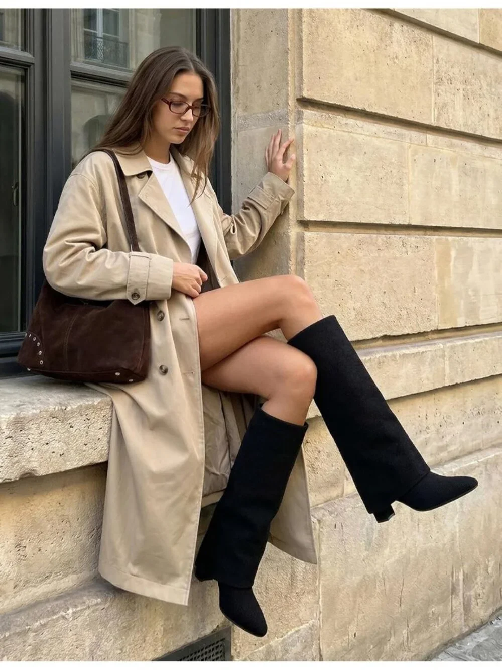 Women Black Fabric Pointed Toe Chunky Heel Faux Leather Over The Knee High Boots